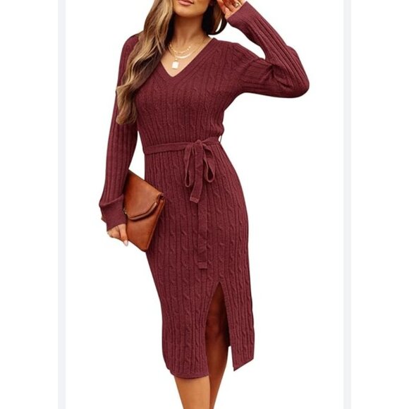 Merokeety Womens Burgundy Cable Knit Sweater Midi Dress With Tie Waist Sz Large - Picture 1 of 10